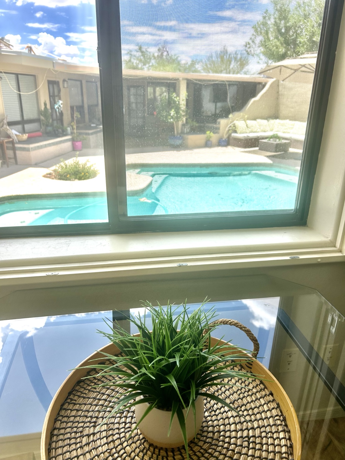 View of the pool and covered patio from the casita dining nook